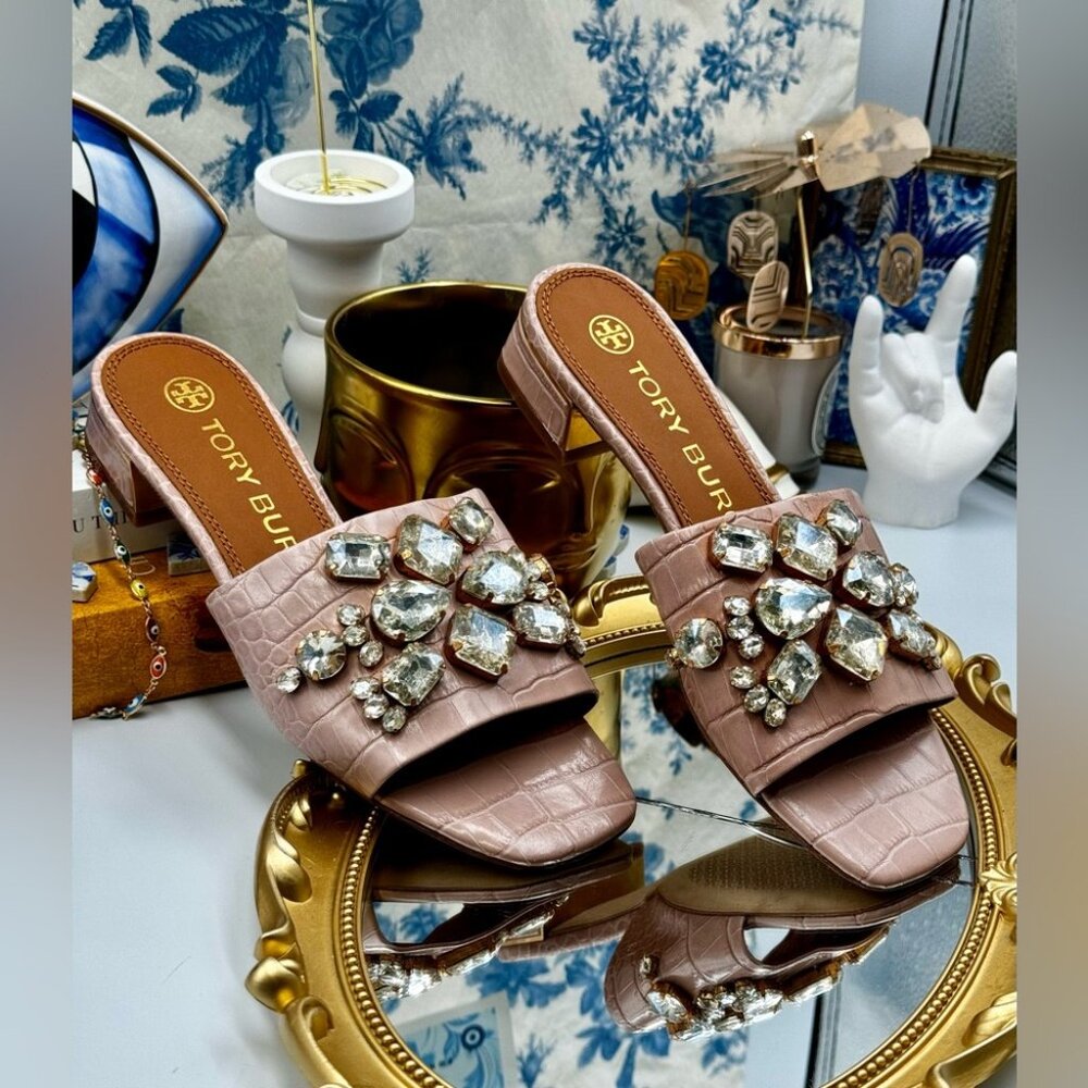 🆕 TORY BURCH 🧿 NWOT Martine 25mm Slides, Pink Croc Embossed Crystal Embellish - Picture 12 of 15